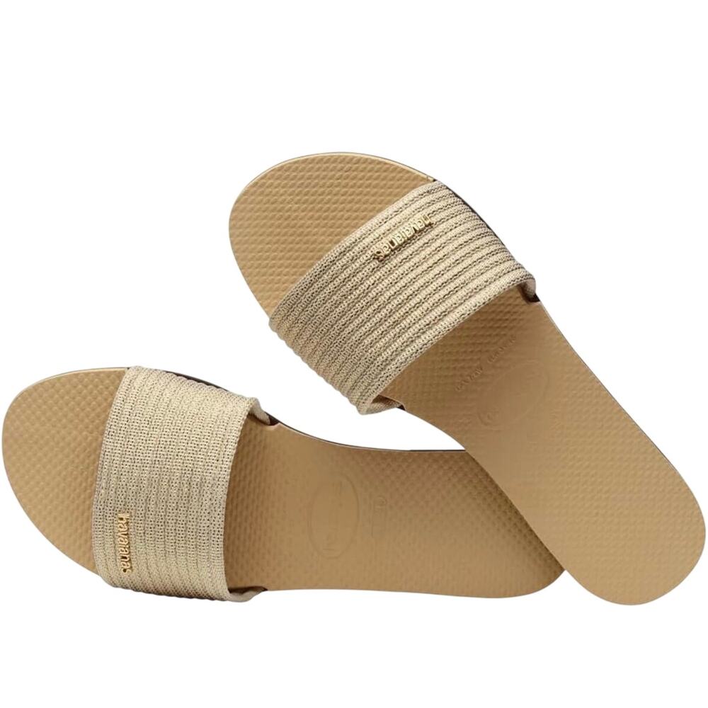 NWOT Havaianas You Malta Metallic Slide Sandals Gold Beige 11/12 Resort Vacation